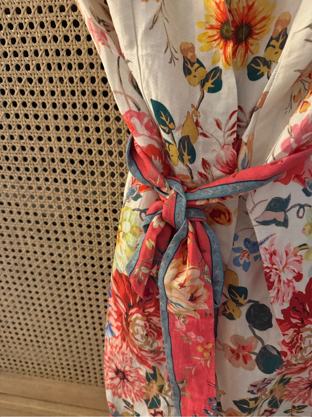 Anthro Floral Mini Romper in Cream with Coral Trim - Picture 2 of 3